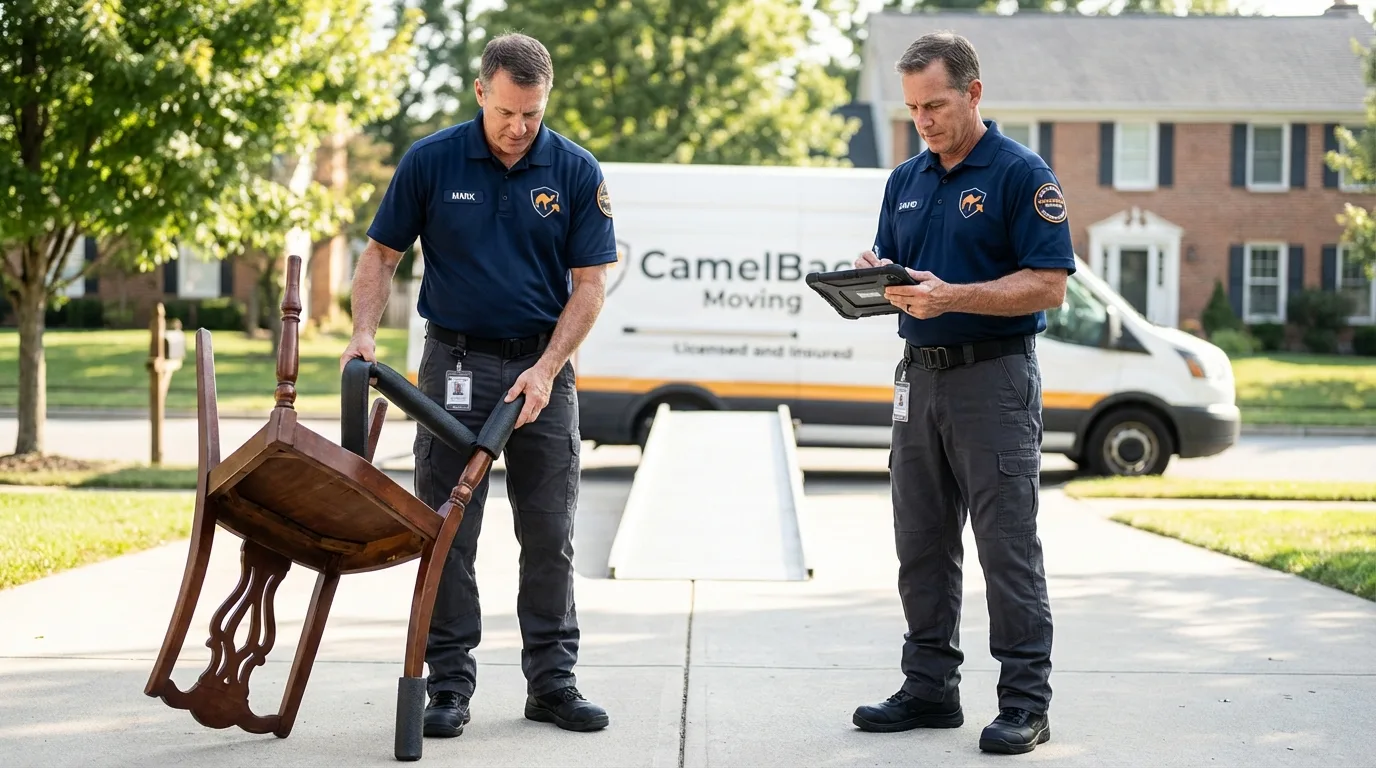 Movers inspecting furniture for damage prevention before loading in Wake Forest, NC