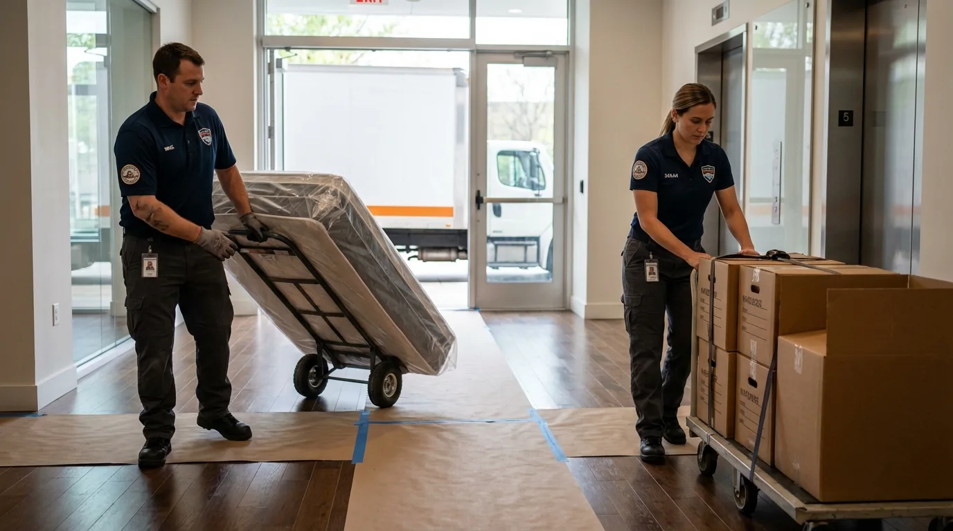 Professional apartment movers loading elevator in Wake Forest, NC